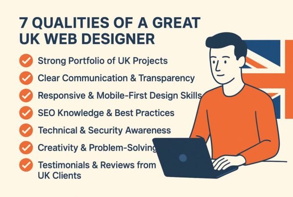 7 Qualities of a Great UK Web Designer – illustration of a designer at laptop with checklist and UK flag.